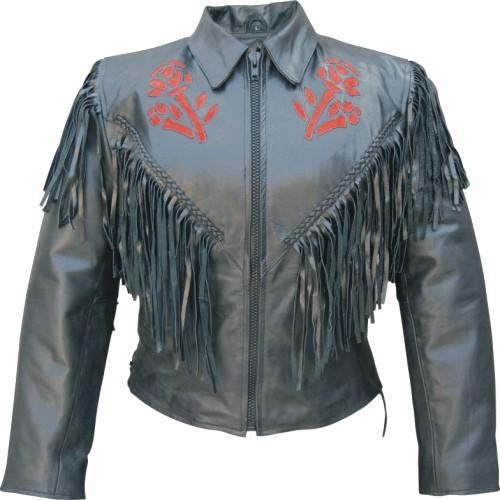 (image for) Ladies red rose Cowhide Leather jacket with fringe